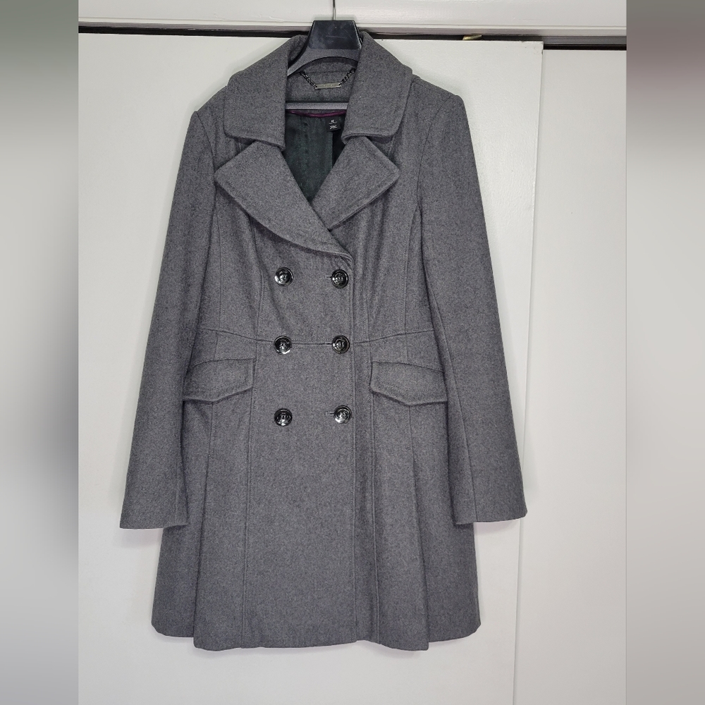 EUC White House Black Market Wool Blend Gray Double Breasted Medium Peacoat